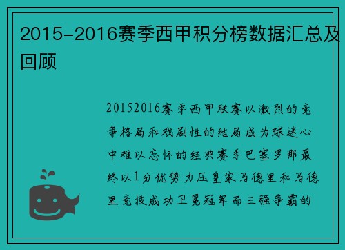 2015-2016赛季西甲积分榜数据汇总及回顾